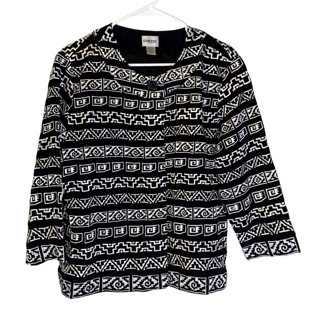 Chico's Women's Boho Embroidered Geometric Jacket Size 3 XL 16 Cotton Casual